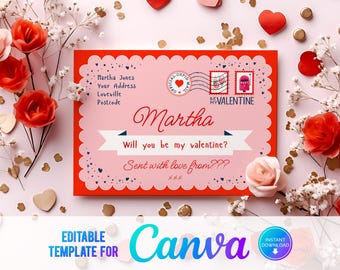 Editable Valentines Day Postcard, Valentines Day print at home, Gift for her, gift for him, Telegram, Editable Valentines Card, Children's