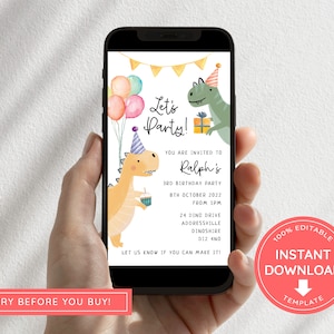 Dinosaur Party Phone Invite, Phone Birthday Invite, Electronic Invitation Template, Invitation Ecard, Electronic Birthday Party Invite