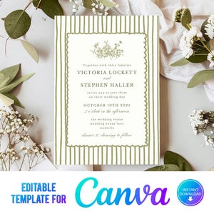 Canva Green Stripes Wedding Invitation, Green Wedding Invite, wildflowers, Elegant Wedding Invite Template, Sage Green, Striped Green, GS