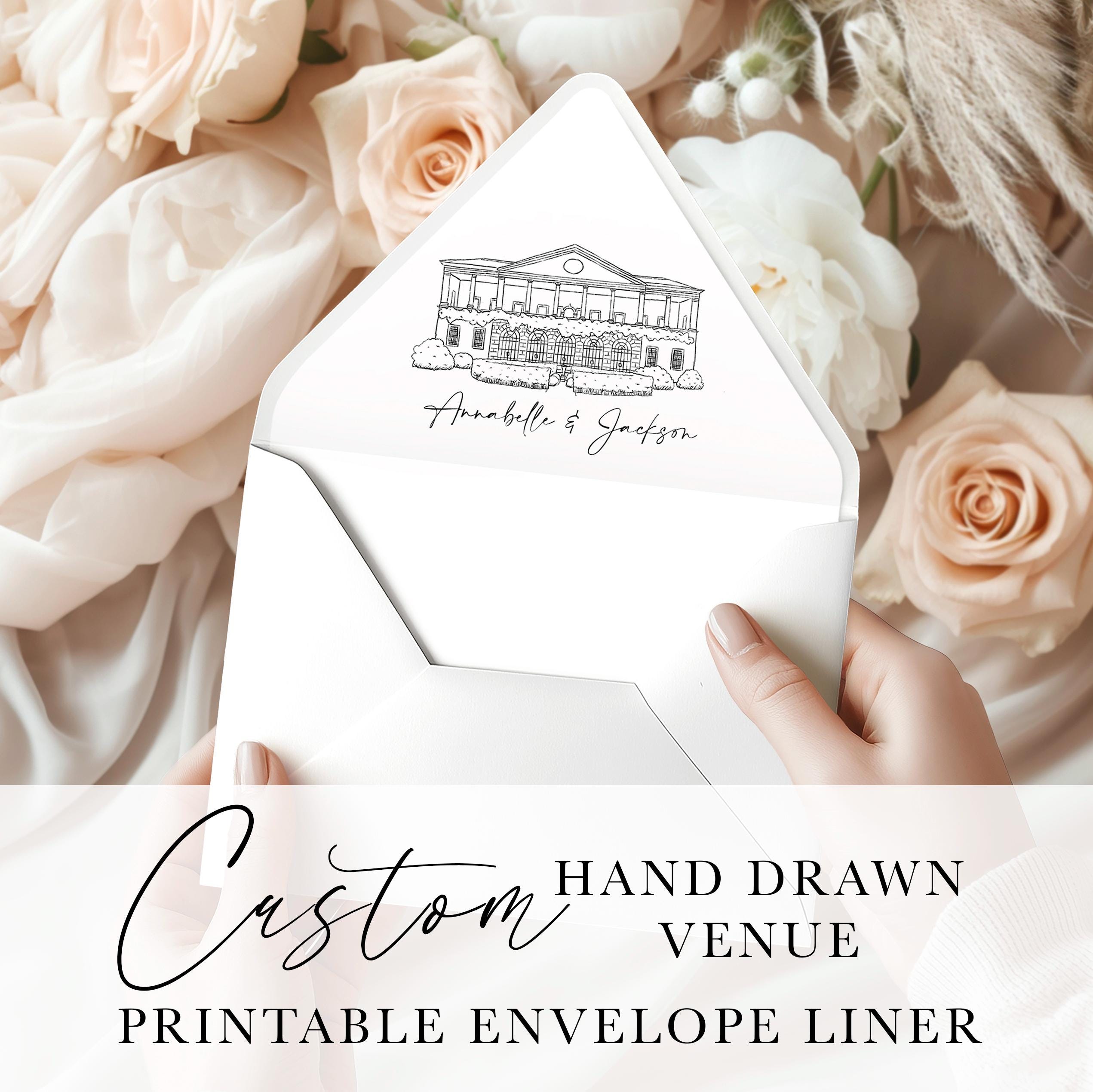 Wedding Venue Hand Drawn Sketch, Digital File, Digital Wedding Venue, Custom Illustration, Envelope Liner Template, Printable Envelope Liner