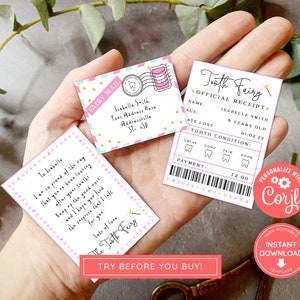 Mini juego de hada de los dientes imprimible rosa con sobre, recibo y carta de hada, descarga instantánea y juego de hada de los dientes totalmente editable
