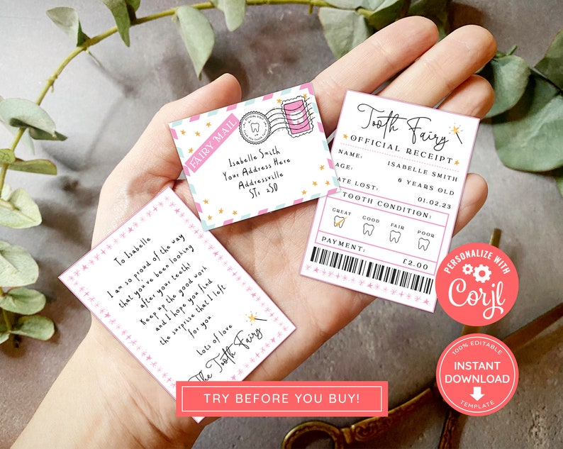 Printable Mini Tooth Fairy Set Pink with envelope, receipt and fairy letter, Instant Download and fully editable tooth fairy set image 1