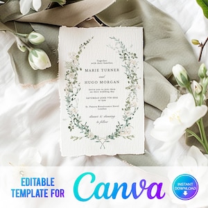 Canva groene en witte bloemen huwelijksuitnodiging, groen, witte bloemen, elegante bruiloft uitnodigingssjabloon, groene bruiloft, groen en wit