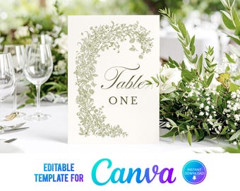 Canva Greenery Wedding Table Number, Floral Wedding Table Name, Wildflowers, Elegant Wedding, Template, Sage Green, Hand Drawn, Floral, CF