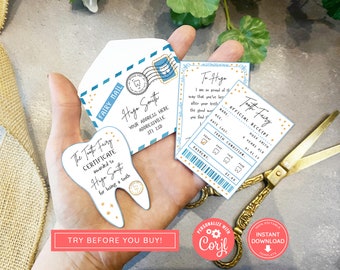 Printable Mini Tooth Fairy Set Blue with envelope, receipt and fairy letter, Instant Download and fully editable tooth fairy set