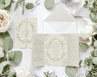 Canva Sage Green and White Floral Gatefold Invitation, Vintage Style Gatefold Invite, Sage Green, Chinoiserie, French Toile, Template, TS