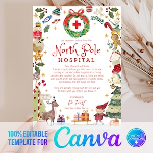 May include: A printable Christmas card with a watercolor illustration of a North Pole hospital. The card features a red cross, a Christmas tree, a reindeer, and a candy cane. The text on the card reads "An important notice from the North Pole Hospital. Dear Maxwell and Rosie, I am writing to inform you that your elf is now resting at the North Pole Hospital after being accidentally touched. Do not worry, they are being well looked after and having plenty of candy canes, marshmallow milk and magic elf dust. They are already feeling much better and will be back with you before you know it! Kind Regards, Dr Frost Head North Pole Doctor".