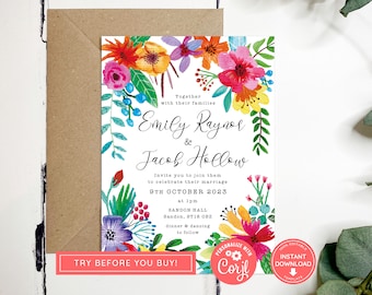 Colourful Flowers Editable Wedding Invitation Set, Instant download, Wedding Invite Template, Colorful floral, Bright Flowers invite, CF