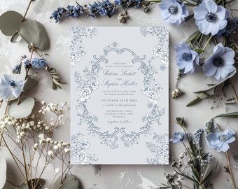 Canva Dusty Blue Wedding Invitation, Floral Wedding Invite, Blue and White, Elegant Wedding Invite Template, Vintage Style, DBG