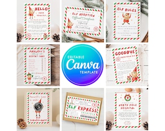 Christmas Elf Printable Bundle, Elf Hello, Elf Adoption, Elf Cam, Goodbye from your elf, Elf Mail, print at home, Editable Canva Template