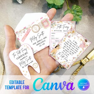 Canva, Set Mini Hada de los Dientes Imprimible Rosa Floral con sobre, recibo y carta de hada, Descarga Instantánea, plantillas totalmente editables