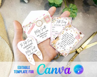 Canva, Printable Mini Tooth Fairy Set Pink Floral with envelope, receipt and fairy letter, Instant Download, fully editable templates