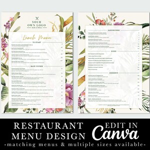 Conception de menu de restaurant, Menu Verdure, Feuillage, Menu floral de restaurant, Modèle modifiable, Modèle canevas, Menu de café, Menu de cocktails de bar