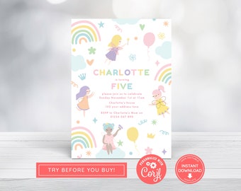 Fairy Birthday Party Invitation, Pastel Birthday Girl Invite, Rainbow Fairy Princess, Magical, Floral, Girl Party, Print at home Digital