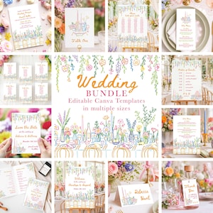 Puede incluir: Un paquete de papelería para bodas con plantillas editables de Canva que presentan ilustraciones de líneas coloridas de arreglos florales, velas y mesas. La colección incluye invitaciones, menús, planos de asientos y etiquetas de agradecimiento.