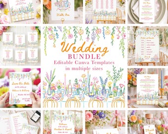 Colourful Flowers Wedding Invite Bundle, Garden Party Invite, Bright Floral, Hand-Drawn Wedding Table, Summer Floral, Whimsical, GP