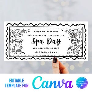 Canva Editable Spa Day Voucher, Print at Home Ticket, Digital Gift Certificate, Spa Gift Card, Gift Voucher Printable, Last Minute Gift