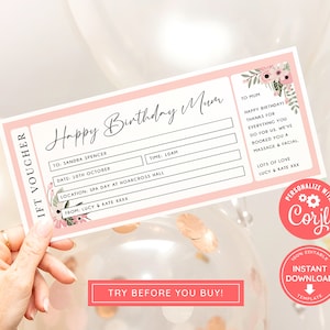 Pink Floral Gift Voucher, surprise ticket, feminine, print at home coupon, weekend away voucher, holiday ticket, birthday gift printable