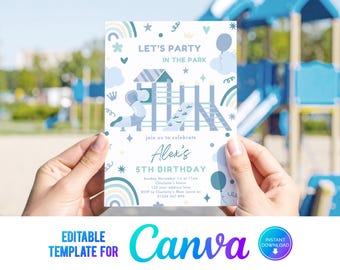 Playground Birthday Party Invitation: Blue Park Invite, Canva Template