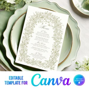 Menú de boda con vegetación en Canva, menú de boda floral, flores de bosque, boda elegante, plantilla, verde salvia, dibujado a mano, menú de comida, 12,7 x 18,8 cm, CG