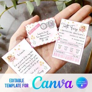 Canva, Mini set de hada de los dientes imprimible en color rosa con sobre, recibo y carta de hada, descarga instantánea, set de hada de los dientes editable, acuarela