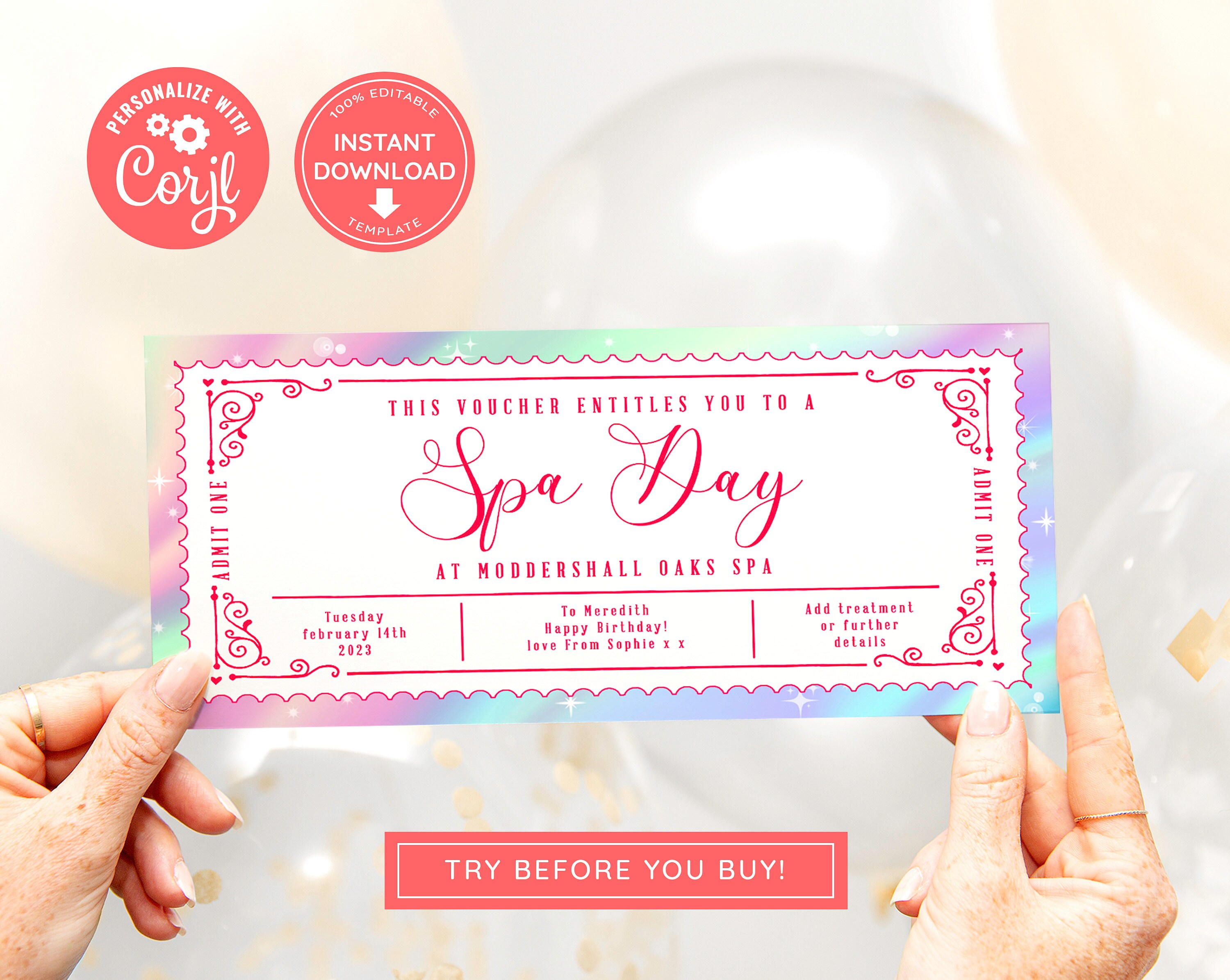 Editable Spa Voucher Ticket, Print at Home Birthday Voucher, Digital ...