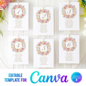 Canva Colourful Flowers Wedding Seating Chart Card, Hanging Table Plan, Bright Flowers, Summer Garden Wedding Template,  Table Plan Card, SF