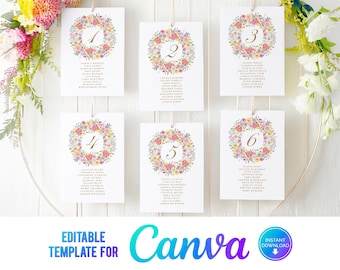 Floral Wedding Seating Chart Template: Colorful Summer Garden (5x7 Table Plan Card, Canva)