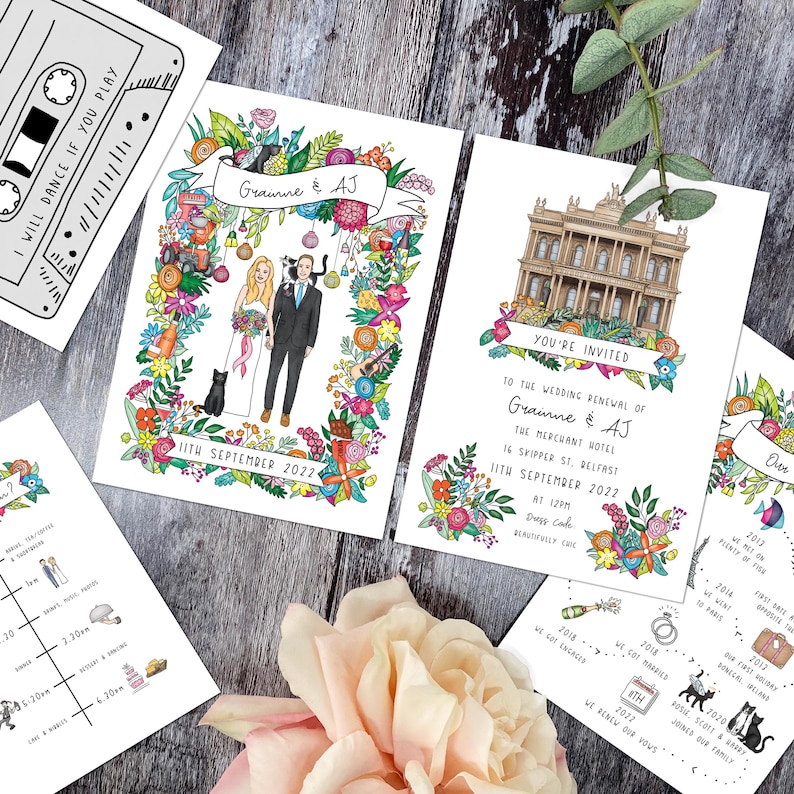 Bespoke Wedding Invite Invite, Hand Drawn Couple Portrait, Venue ...