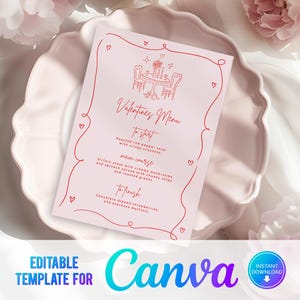 Canva bearbeitbares Valentinstagsmenü, Print at Home-Menü, Digital, Abendmenü-Vorlage, Valentinstagsgeschenk, handgezeichnetes, rosa Menü