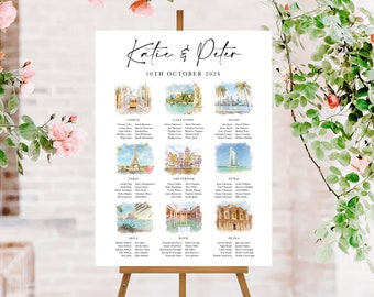 Watercolour travel images for wedding table plan, destination wedding, DIY wedding stationery, png files for Photoshop or Canva
