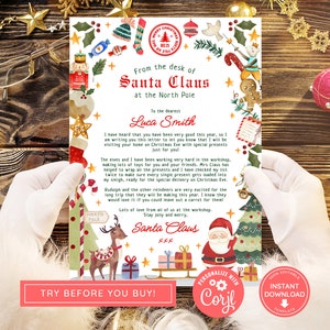 Descarga instantánea de carta de Santa editable y certificado de lista agradable, carta personalizada de Santa, plantilla imprimible Carta de Santa