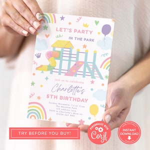 May include: A pink and blue printable birthday party invitation with a colorful illustration of a playground. The text reads "Let's Party in the Park" and "Charlotte's 5th Birthday".