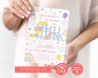 May include: A pink and blue printable birthday party invitation with a colorful illustration of a playground. The text reads "Let's Party in the Park" and "Charlotte's 5th Birthday".