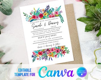 Canva Colourful Flowers Wedding Invitation, Floral Wedding Invite,  Colorful floral, Bright Flowers, Modern Wedding Invitation Template BC