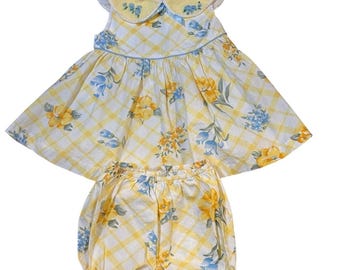 Completo vintage anni '90 2T giallo floreale a quadri con mutandine stile cottagecore per bambini