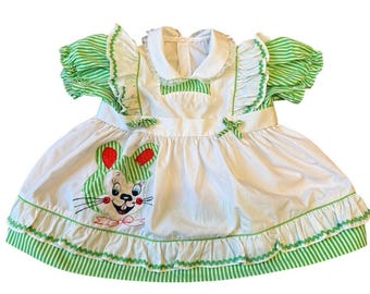 Vintage 50s  Bunny Mouse Cartoon Dress striped Puff Sleeve Peter Pan Collar 12M