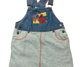 Vestido jardineira vintage do Elmo em jeans, tamanho 5T, saia de tricô estilo Vila Sésamo anos 2000