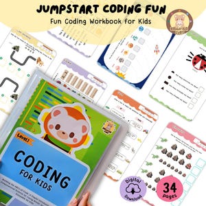Puede incluir: Un libro de trabajo colorido titulado "Jumpstart Coding Fun" con un oso de dibujos animados en la portada. El libro de trabajo está diseñado para enseñar habilidades de codificación a los niños. Incluye 34 páginas de actividades y está disponible para descarga digital.