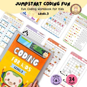 Puede incluir: Un libro de trabajo colorido titulado "Jumpstart Coding Fun" con un subtítulo "Fun Coding Workbook for Kids" y las palabras "Level 3" en un cuadro amarillo. El libro de trabajo presenta una variedad de actividades de codificación para niños, que incluyen la coincidencia, la secuenciación y la resolución de problemas. La portada del libro de trabajo presenta un oso robot de dibujos animados.