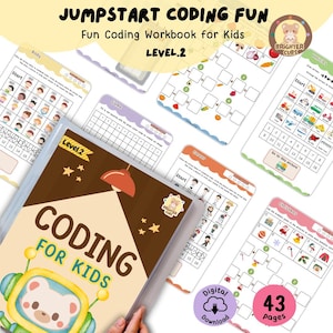 May include: A brown binder with the title "Coding for Kids" in white text. The binder has a cartoon robot with a bear head on the front. The binder is open to reveal colorful worksheets with coding activities for kids. The worksheets are labeled with titles like "Body", "Game", "Vehicles", "Christmas", and "Doctor". The text "Level 2" is visible on the binder. The binder is 43 pages long and is a digital download.
