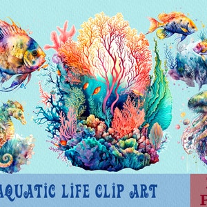 Aquatic Sealife Coral Watercolor Clip Art PNG, Sublimation PNG Printable, Coral png, PNG Bundle, png files, Ocean Life png, Fish Clipart Png