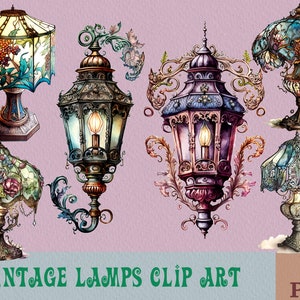 Stained Glass Vintage Lamp Watercolor Clip Art PNG, Sublimation PNG Printable, Lamp png, PNG Bundle, png files, Lamp Clipart, Vintage Png