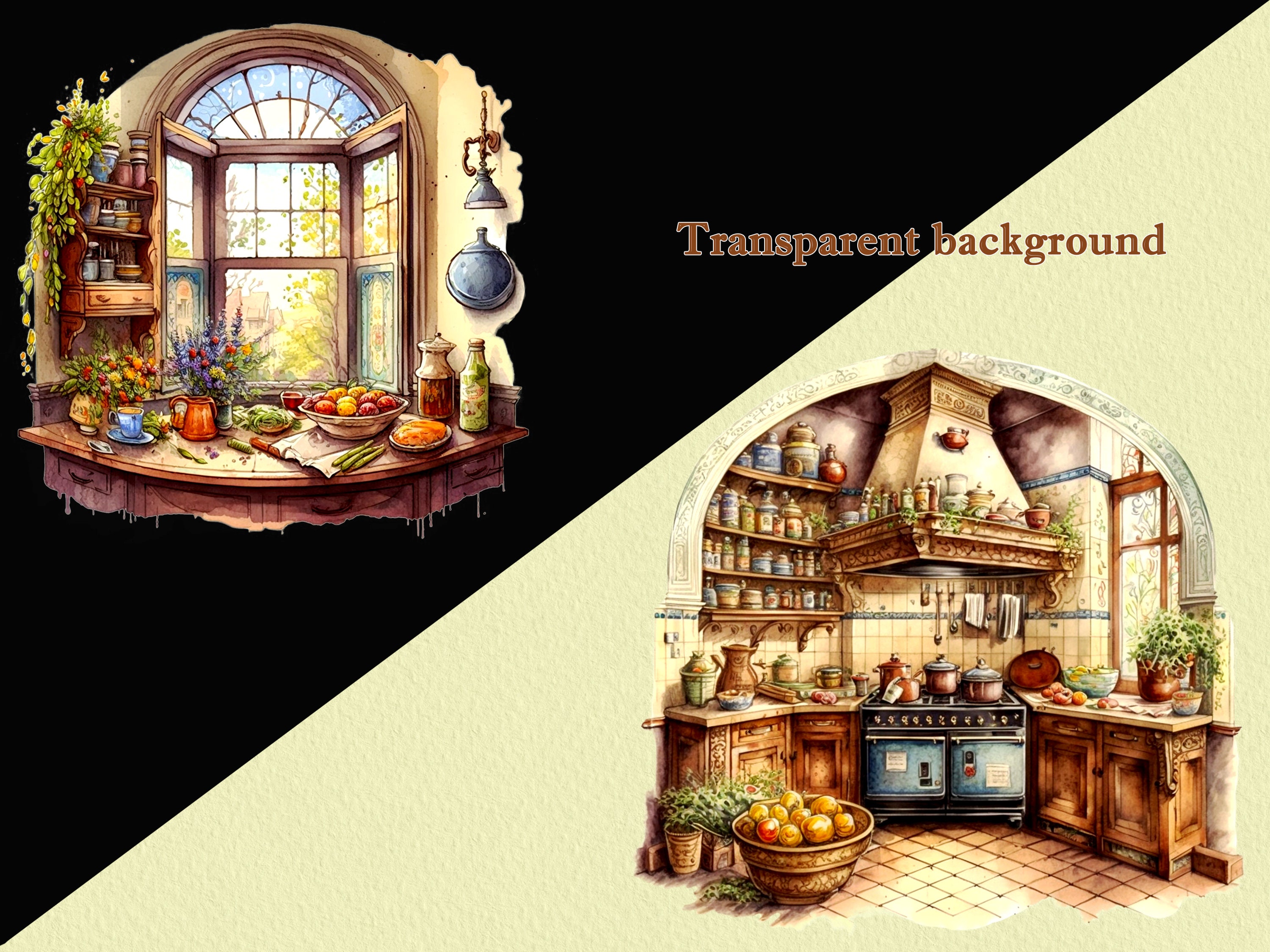 Vintage Kitchen Watercolor Clip Art PNG, Sublimation PNG Printable ...