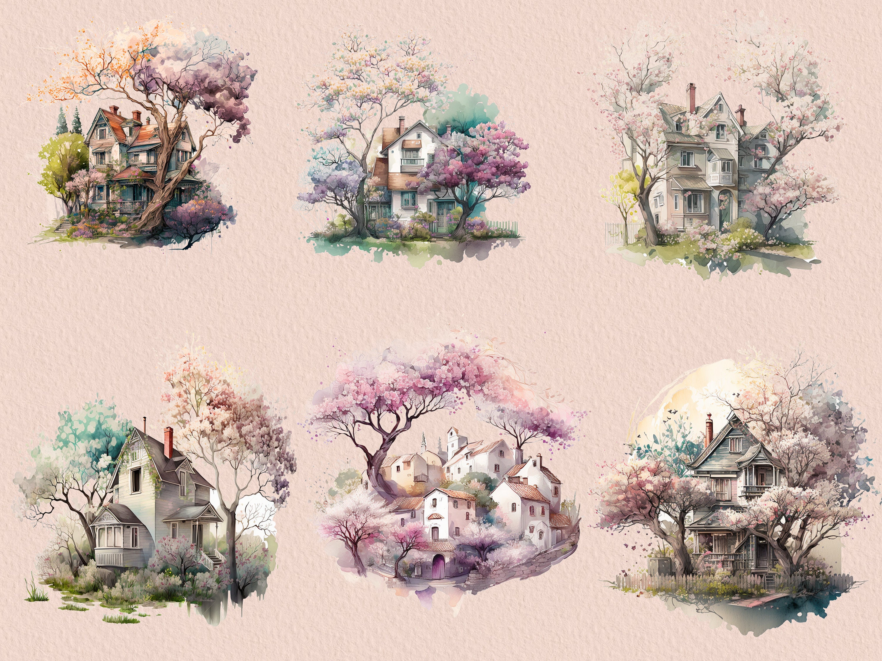 Spring Houses Watercolor Clip Art PNG, Sublimation PNG Printable, House ...