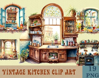 Vintage Kitchen Watercolor Clip Art PNG, Sublimation PNG Printable, Vintage Kitchen png, PNG Bundle, png files, house clipart, house png
