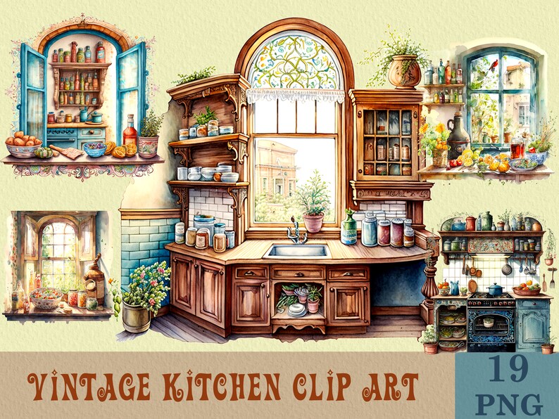 Vintage Kitchen Watercolor Clip Art PNG, Sublimation PNG Printable ...