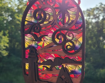 Suncatcher stained glass pattern acrylic and wood lighthouse with sailboat sun catcher unique gift lake house walnut custom sizes available