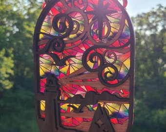 Suncatcher stained glass pattern acrylic and wood lighthouse with sailboat sun catcher unique gift lake house walnut custom sizes available