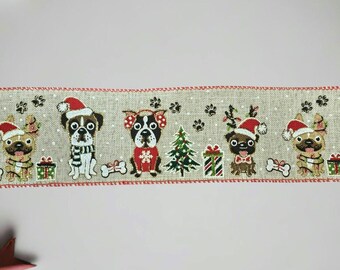 Puppy Christmas santa themed  ribbon craft ribbon for wreathes holiday bows gift decoration ribbon for tree 2.5"  wide wire 1 yard increment